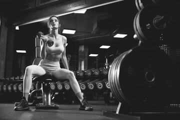 Fototapeta na wymiar Fitnesswoman training with dumbbells, monochrome.