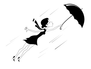 Windy weather, young woman and umbrella isolated illustration. Pretty young woman with a handbag and an umbrella gone by the wind black on white
