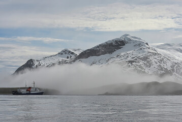 Fototapeta na wymiar Expedition ship anchored in Undine Harbour, South Georgia, South Georgia and the Sandwich Islands, Antarctica