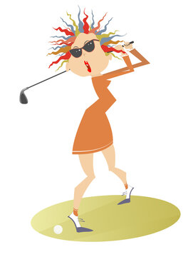 Young golfer woman on the golf course illustration. Cartoon golfer woman in sunglasses aiming to do a good kick isolated on white

