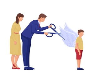 Obraz premium Parents cut wings to child illustration. Two characters clip off wings of hope for their son with scissors shattered dreams and careers suppressing free ideas and vector thoughts.