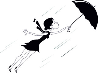 Windy weather, young woman and umbrella isolated illustration. Pretty young woman with a handbag and an umbrella gone by the wind black on white

