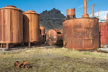 Rusted old metal tanks, Former Grytviken Whaling Station, South Georgia
