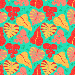 Tropical colorful leaves seamless pattern isolated on bright green background. Exotic plant, jungle background. Vector design. Botanical wrapping paper, printing, textile, background in flat design.