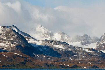 Saint Andrews Bay, Snow covered mountains, South Georgia Island