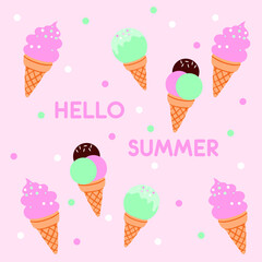 Hello Summer pink vector card design with citrus, ice-cream. Summer time!