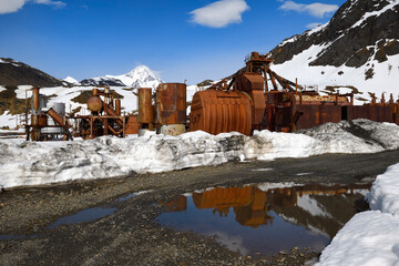 Rusted old metallic tanks and machinery, Former Grytviken whaling station, King Edward Cove, South Georgia, South Georgia and the Sandwich Islands, Antarctica