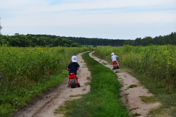 Obraz premium children walk in the village on a rural road
