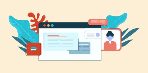 Online courses illustration. Web based learning at distance electronic knowledge technologies communication webinars with study of new applications abstract vector modern flat universities.