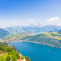 Panoramic aerial view of the canton  Schwyz in central Switzerland.  Mountain peaks Great Mythen...