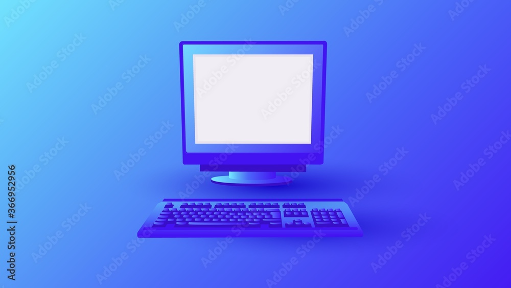 Poster gradient old error computer. retro pc on blue background classic monitor and system equipment from t