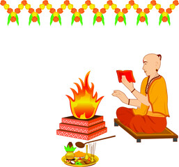 Indian priest Panditji performing havan pooja and worshiping gods, doing prayer with some lit fire in the Havan Kund, and chanting the mantras for blessings.