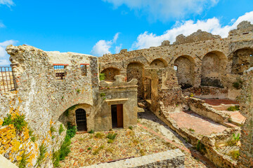 panorama of ruins of hexagonal Castello del Volterraio or Volterraio Castle, the oldest...