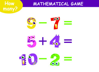 mathematical examples of addition and subtraction with cute monsters. educational page for children.