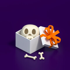 Halloween human skull in gift box on dark background 3d rendering. 3d illustration cute skull for celebration Halloween event template minimal style concept.