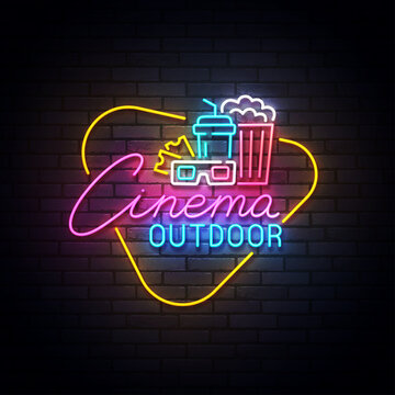 Outdoor cinema neon sign, drive-in movie theater with cars on open air parking logo neon, emblem. Vector illustration