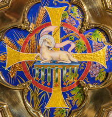BARCELONA, SPAIN - MARCH 3, 2020: The modern enameled Lamb of God on the tabernacle in the church...