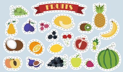 Set of flat vector fruits and berries. Bright stickers with the image of cute summer vegetable products in cartoon style. A set of isolated healthy food products. Illustrations for a grocery store
