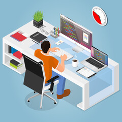 Fototapeta premium Vector isometric programmer working on project. Application development. Professional testing mobile app. Developer time and workspace organization.