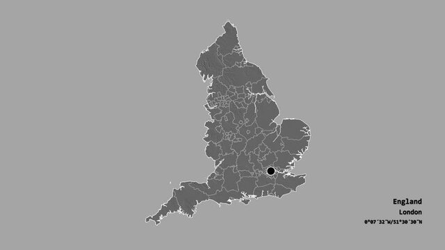 Devon, administrative county of England, with its capital, localized, outlined and zoomed with informative overlays on a bilevel map in the Stereographic projection. Animation 3D