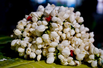 Jasmine garland.Asian white flowers. GAJRA- weaving of Jasmine flowers together to make a GAJRA which Indian women wear in their hairs with the help of a clip