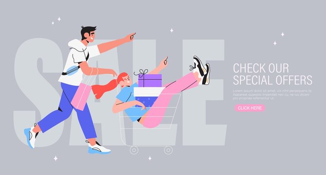 People Shop Online. E-commerce And Online Shopping. Man Push Shopping Cart With Woman Holding Boxes Or Presents. Special Offer Or Big Seasonal Sale, Discounts Banner, Flyer, Web Or Landing Page.