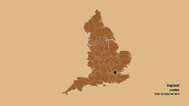 Doncaster, administrative county of England, with its capital, localized, outlined and zoomed with informative overlays on a solid patterned map in the Stereographic projection. Animation 3D