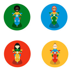 Isolated round icons with chinese, arabic, black skin and white skin girls riding electric motor scooter. Flat design illustration.