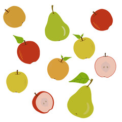 Set of green pears and red apples with leaves. Whole fruit and half. Isolated on white background. Vector image. For decoration, design, covers. For advertising and infographics, presentation, poster