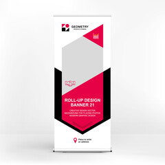 Roll-up stand, banner for mobile advertising of goods and services, modern graphic background for product presentation and promotion	
