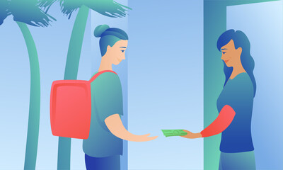 A girl with a courier at the door of the house conducts a money transaction. The woman pays in cash. Courier girl with thermal bag accepts cash payment.