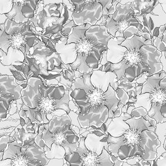 Vector seamless pattern with flowers dog roses. Gray background. Black and white. Monochrome background for fashion, textile, wallpapers, greetings, web pages.