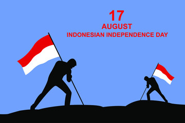 A man silhouette carries the Indonesian flag. Dirgahayu Republik Indonesia with translation: Happy Independence Day of the Republic of Indonesia