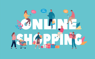 People shopping online vector illustration poster