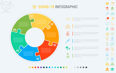 Coronavirus modular infographic template with 6 steps. Covid-19 colorful diagram, timeline and schedule isolated on light background. Many additional icons.
