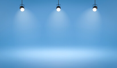 Empty photo studio backdrops and spotlight on blue room background with showing scene. Gradient blue or blank room. 3D rendering. - obrazy, fototapety, plakaty
