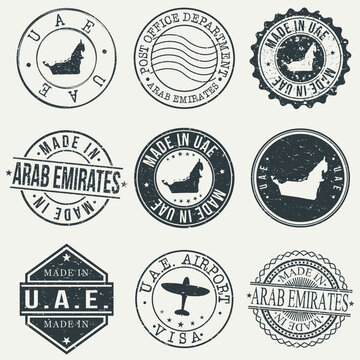 United Arab Emirates Set of Stamps. Travel Stamp. Made In Product. Design Seals Old Style Insignia.