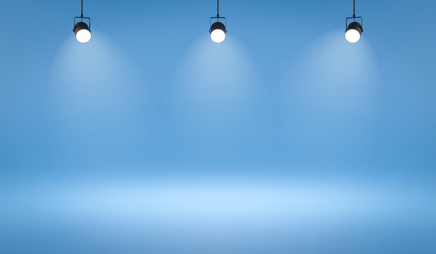 Empty photo studio backdrops and spotlight on blue room background with showing scene. Gradient blue or blank room. 3D rendering.