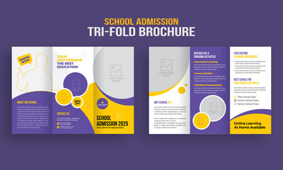 School admission tri-fold brochure template. Kids back to school education brochure cover layout