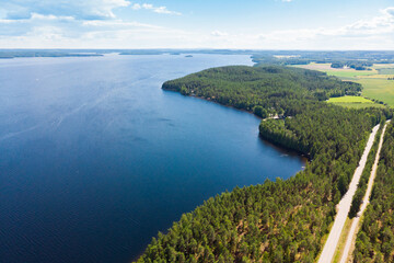 Aerial view of Pulkkilanharju Ridge on lake Paijanne, Paijanne National Park, Finland.