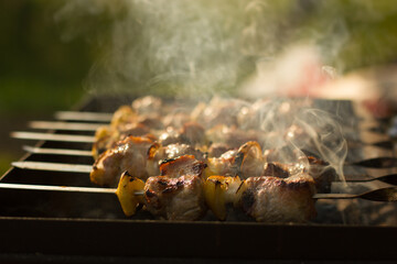 Cooking camping outdoor meal in an open fire in a travel pot with blaze. Dinner during travel.