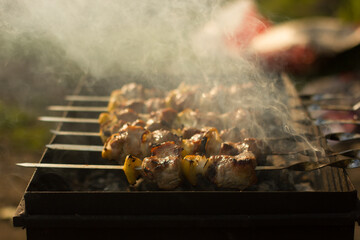 Cooking camping outdoor meal in an open fire in a travel pot with blaze. Dinner during travel.