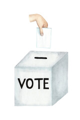 The hand votes in the elections and vote box. Drawing watercolor isolated on white background
