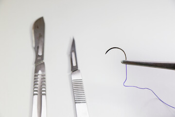 Dissection Kit - Absorbable suture, polyglycolic acid. Surgery operation equipment, knife, needle...