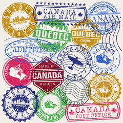 Quebec Canada Set of Stamps. Travel Stamp. Made In Product. Design Seals Old Style Insignia.