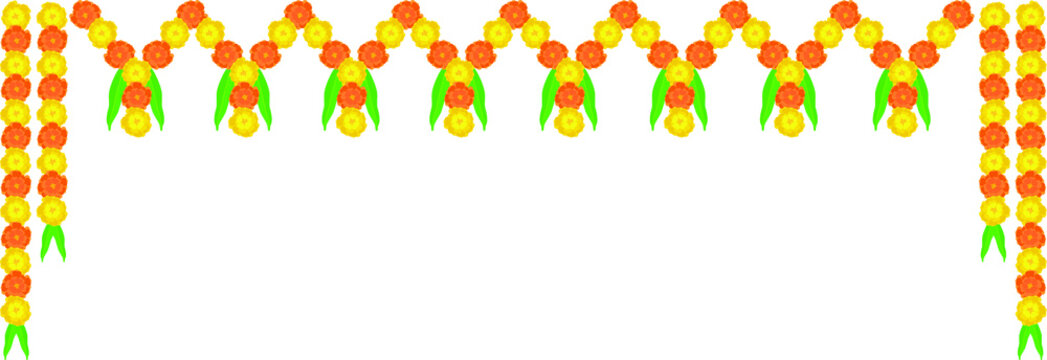Marigold flowers and curtain decorations with bells, lamps for the temple, and house doors.