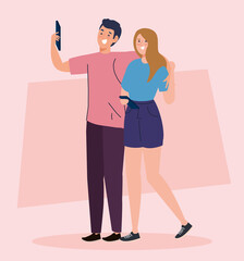 happy couple are take selfie, woman and man are photographed together vector illustration design