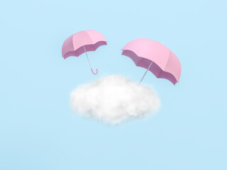 Pink umbrella with rain cloud on sky pastel blue background 3d rendering. 3d illustration Rainy Season greeting card template minimal concept.