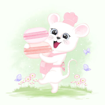 Baby Mouse with Macarons and cosmos flowers hand drawn cartoon animal watercolor illustration