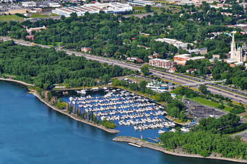 Aerial view of the Longueuil marina on the south shore of the St. Lawrence River.